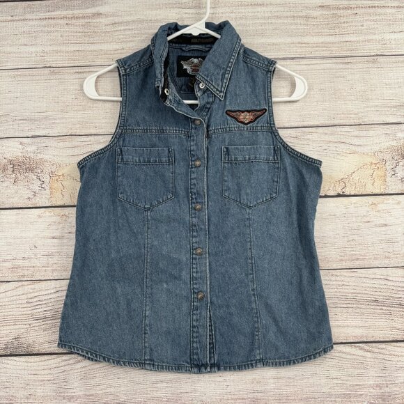 Harley-Davidson Denim Vest Womens Small Blue Sleeveless Biker Button Up 2000s - Picture 1 of 10